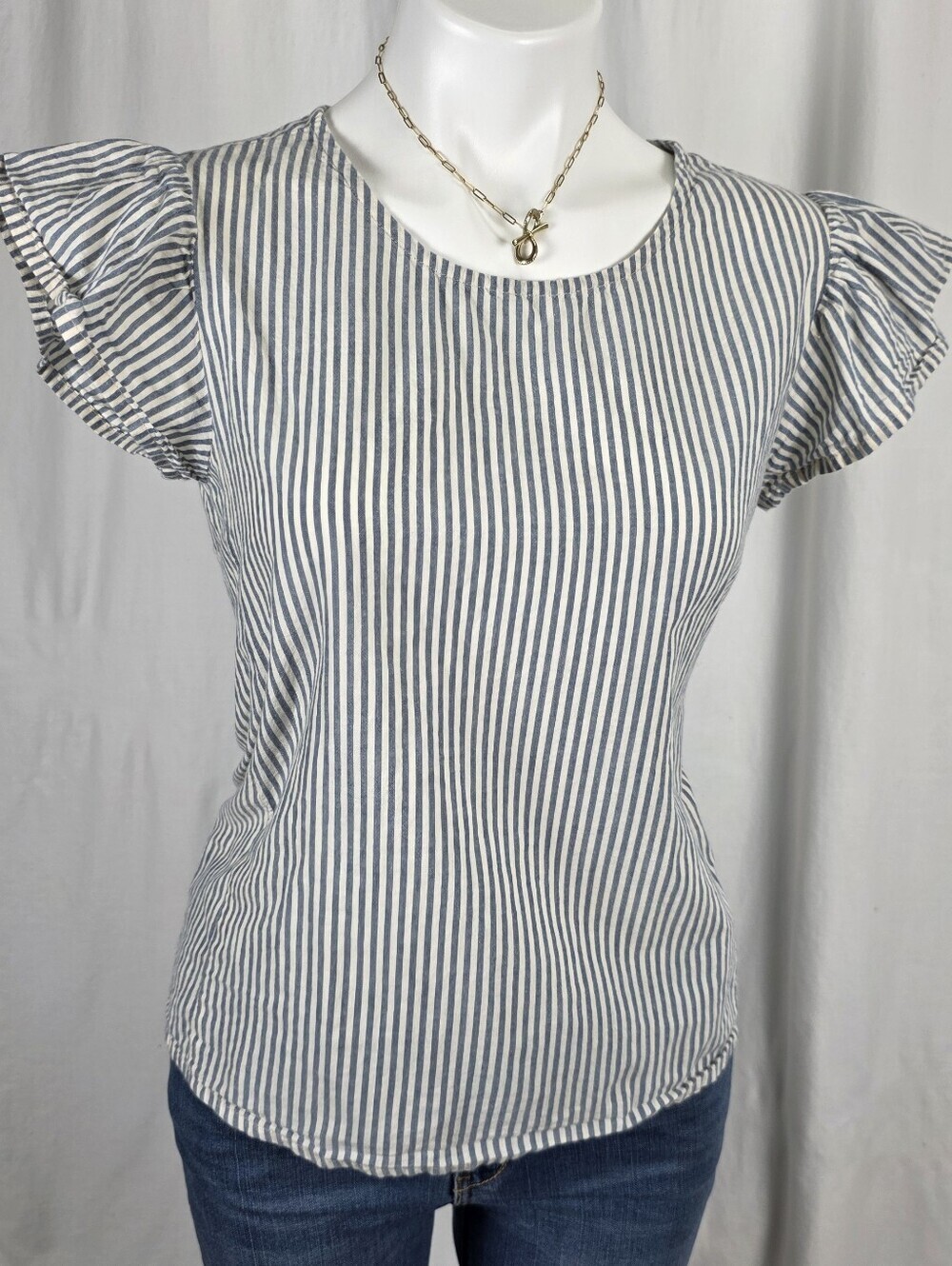 Blue & White Pinstripe Flutter Sleeve Top – Size Small – 100% Cotton Coastal